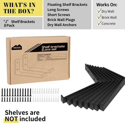 Adrinfly 90° Industrial J Wall Shelf Brackets, 1/5" Solid Cast Iron, 160-200lbs/2 Brackets, Rustproof Matte Black, with Screws, Anchors, Spirit Level & Instructions (Board Not Included)