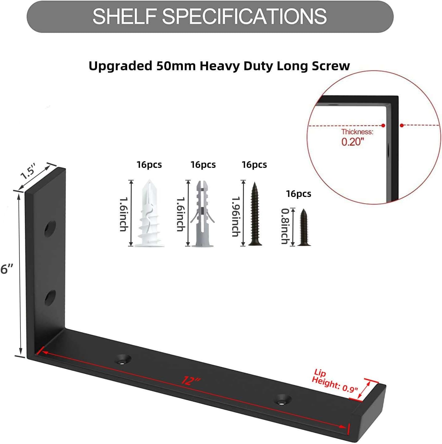 Adrinfly 90° Industrial J Wall Shelf Brackets, 1/5" Solid Cast Iron, 160-200lbs/2 Brackets, Rustproof Matte Black, with Screws, Anchors, Spirit Level & Instructions (Board Not Included)