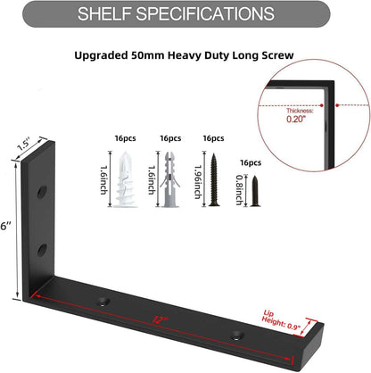 Adrinfly 90° Industrial J Wall Shelf Brackets, 1/5" Solid Cast Iron, 160-200lbs/2 Brackets, Rustproof Matte Black, with Screws, Anchors, Spirit Level & Instructions (Board Not Included)