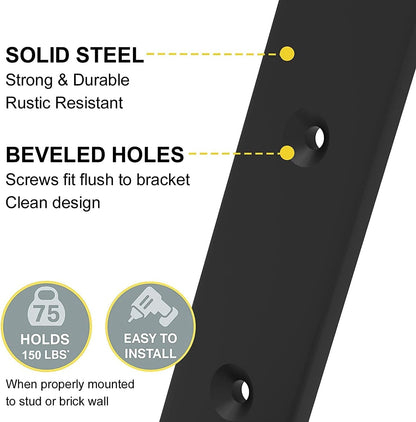 Adrinfly 90° Industrial J Wall Shelf Brackets, 1/5" Solid Cast Iron, 160-200lbs/2 Brackets, Rustproof Matte Black, with Screws, Anchors, Spirit Level & Instructions (Board Not Included)