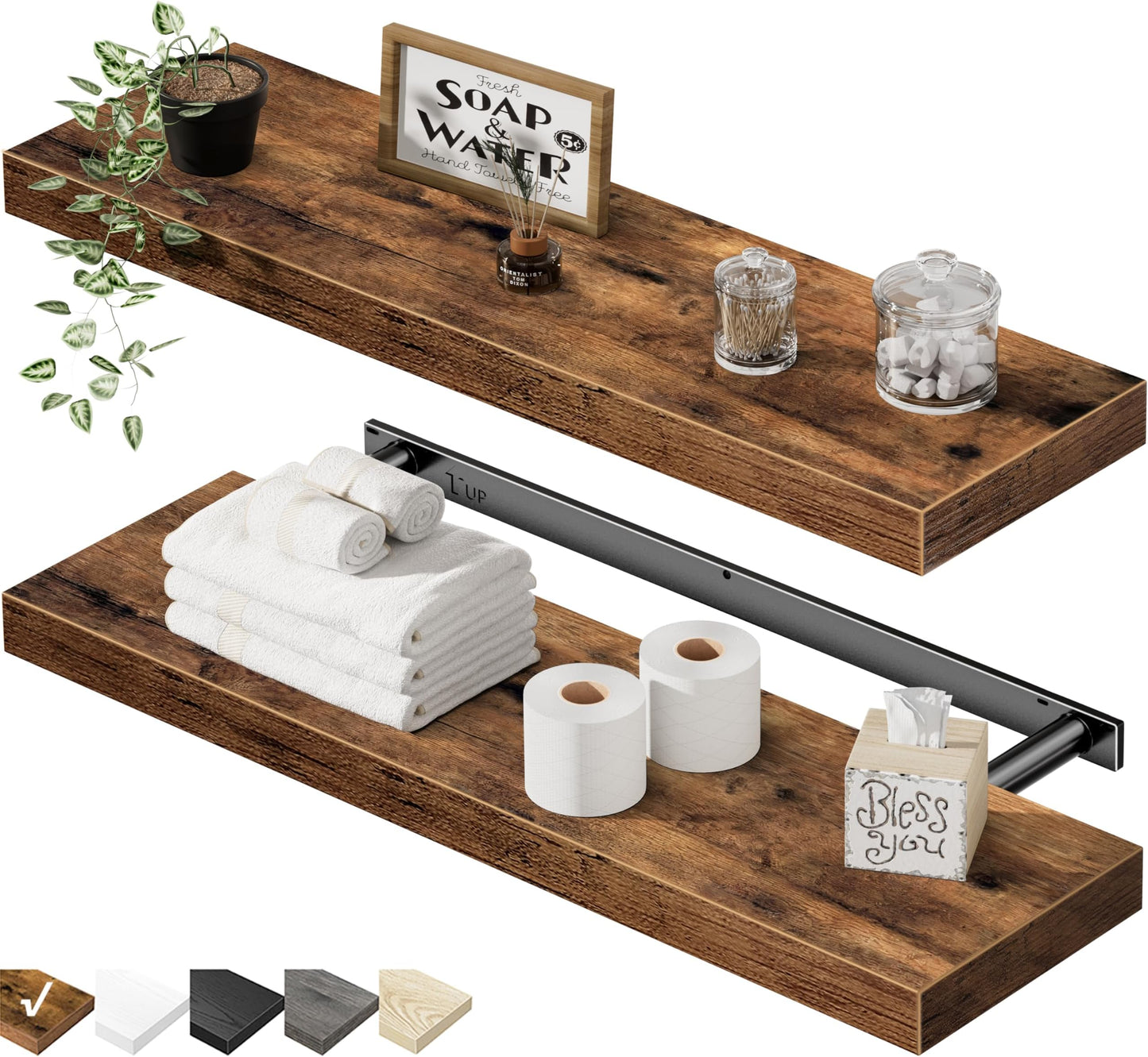 Adrinfly MDF Floating Shelf with Invisible Brackets, 23.6"W x 9.3"D x 1.5"H, 2 Shelves, 25 lbs Capacity, Farmhouse Wall Mount for Bathroom, Living Room, Easy Assembly